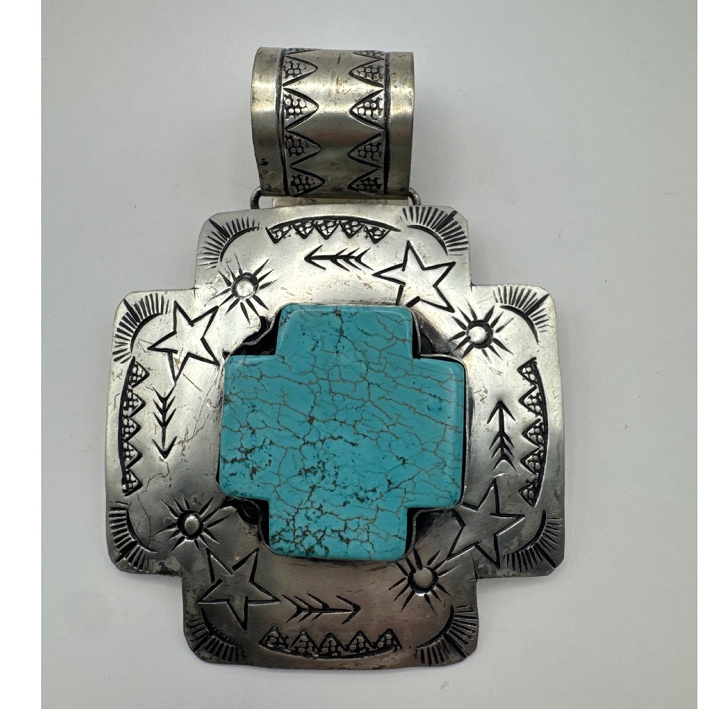 Southwestern Sterling Silver Turquoise Cross Pendant Stamped Stars Arrows Bale